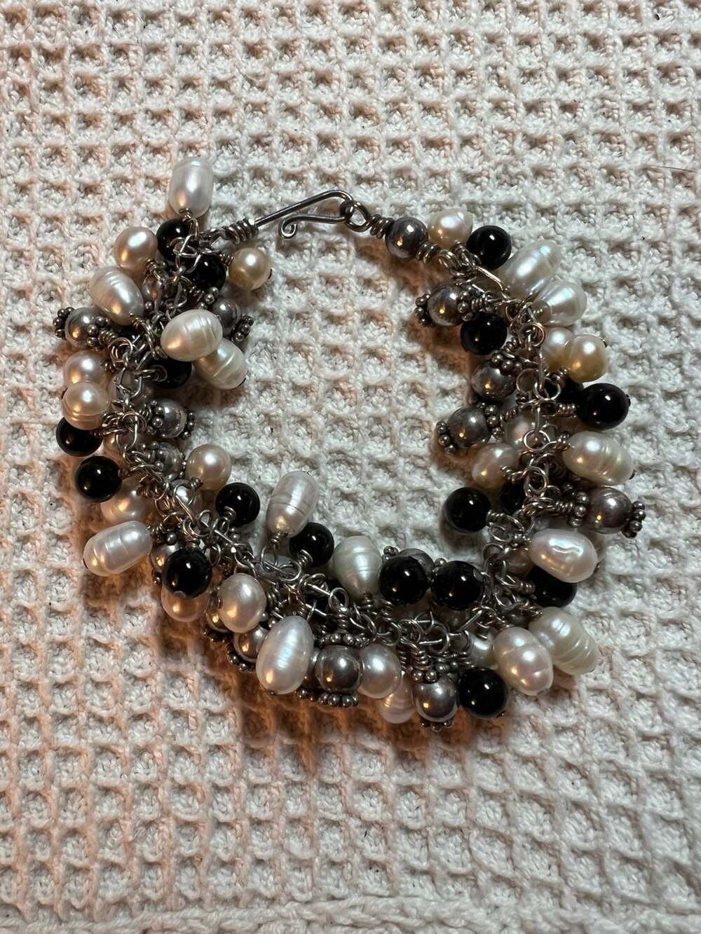 Handmade Sterling Silver Black Onyx and Freshwater Pearl Charm Bracelet